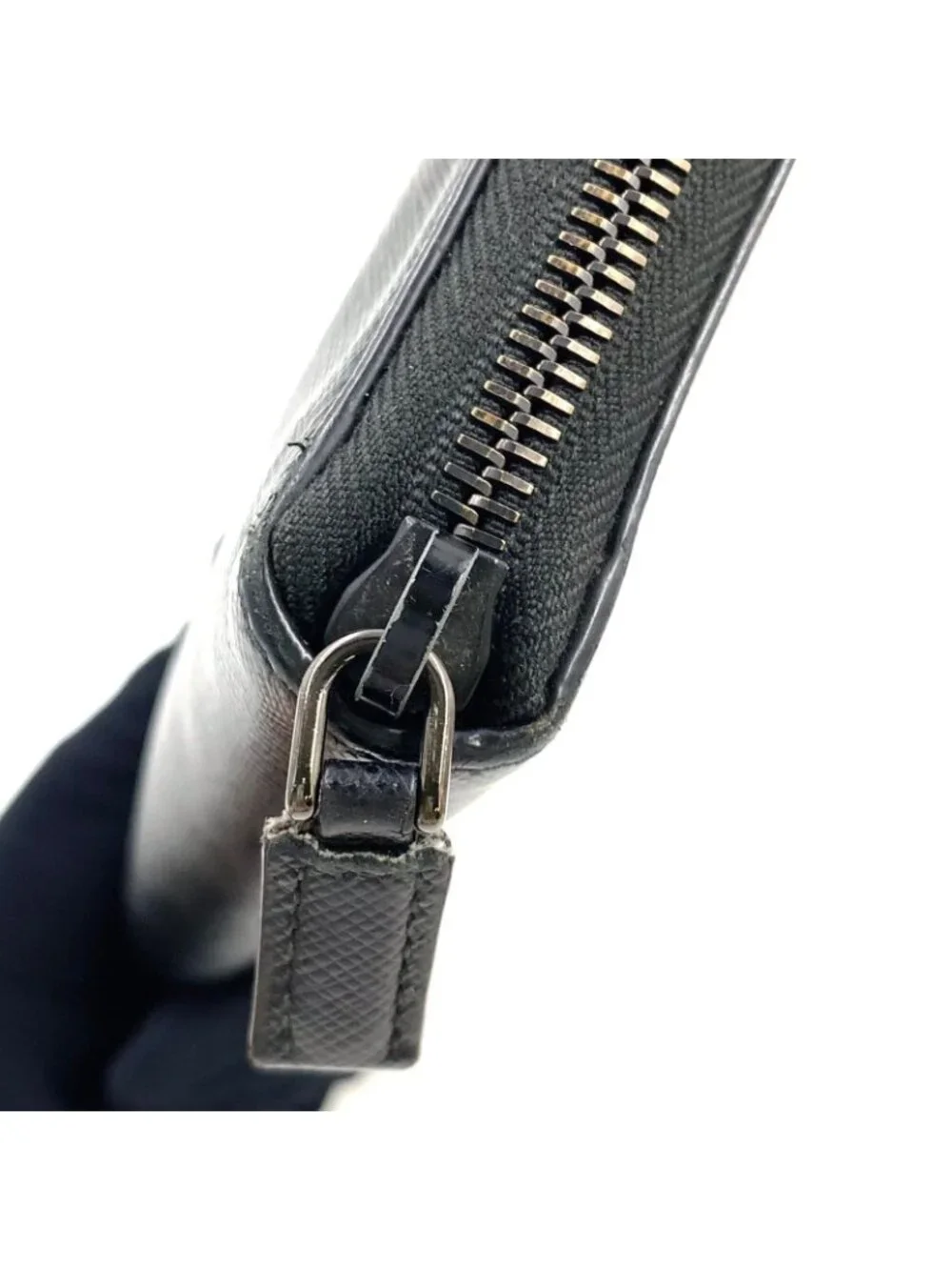 Prada Triangle Logo Zip Around Saffiano Leather Black Wallet